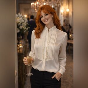 The Limited Silk Tuxedo Front Blouse, Ivory, Size M, Tailored Fit, Long Sleeves